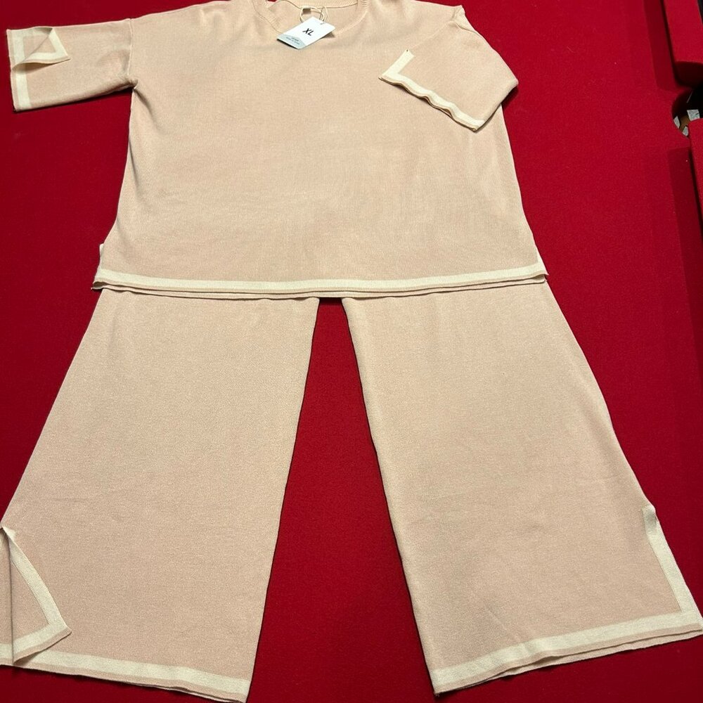 Beige & Cream 2-Piece Knit Set XL (US 12) | Wide Leg Pants Lounge Set | Viscose